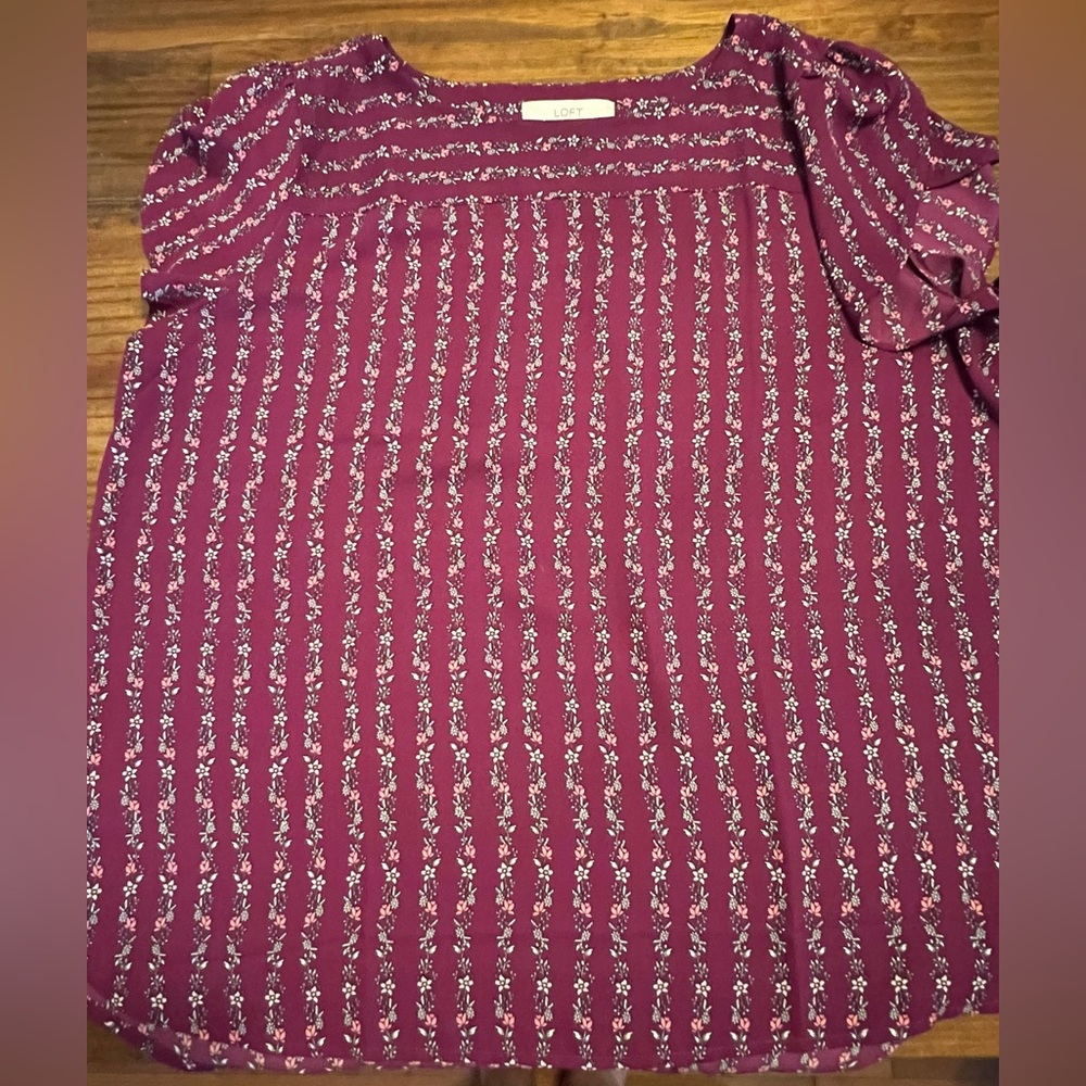 LOFT Blouse - Burgundy with flowers. Size XL